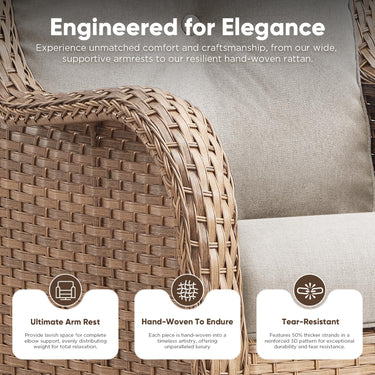 Pair of Belord wicker swivel glider chairs with 5-inch cushions, 360° rotation, suitable for patio conversation sets.