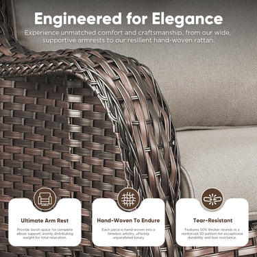 Pair of Belord wicker swivel glider chairs with 5-inch cushions, 360° rotation, ideal for patio conversation sets.