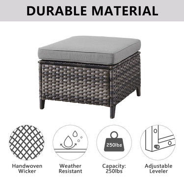 Two Belord patio wicker ottomans from the NTC Series, used as side tables in a stylish outdoor conversation set.