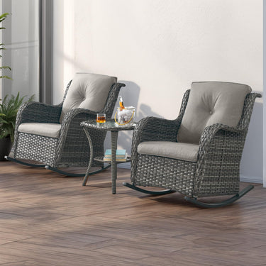 Belord 2-piece patio wicker rocking chairs set with olefin cushions from the NTC Series, showing comfortable outdoor seating with woven wicker.
