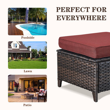 Belord 2-piece patio wicker ottoman set with side tables from the NTC Series, featuring woven wicker and sturdy legs.