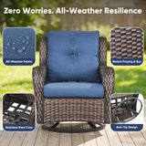 Belord outdoor wicker swivel glider chairs set with 5-inch cushions, all-weather PE wicker, designed for patio conversation.