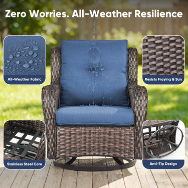 Belord outdoor wicker swivel glider chairs set with 5-inch cushions, all-weather PE wicker, designed for patio conversation.