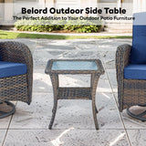 Outdoor Belord 2-tier wicker patio bistro side table with tempered glass top and lower storage shelf, weather-resistant PE rattan.
