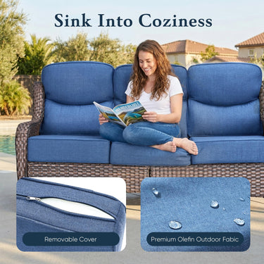 Belord oversized wicker patio conversation set with high back and 6-inch cushions, featuring a 3-seater wicker sofa.