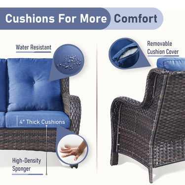 Belord 74-inch outdoor wicker sofa with 3 seats, cushions, reclined back, all-weather PE rattan for patio conversation sets.