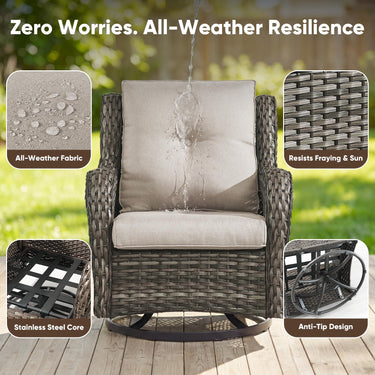 Pair of Belord wicker swivel glider chairs with 5-inch cushions, designed for patio conversation, supports up to 300 lbs.