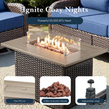 Belord 7-piece patio fire pit set with sofa and swivel chairs, outdoor fire table set for garden or patio seating area.