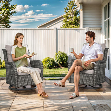 Belord swivel patio chairs set of 2 with 360° rotation and 5-inch cushions, part of the NTC Series, shown outdoors.