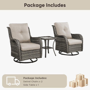 Belord 3-piece outdoor wicker swivel glider patio set with two chairs and side table, NTC Series for outdoor seating and conversation