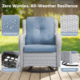 Pair of Belord wicker swivel glider chairs with 5-inch cushions, suitable for patio conversation sets, supports 300 lbs each.