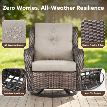 Pair of wicker swivel glider chairs from Belord patio set with 5-inch cushions, 360° rotation, durable design, and comfortable seating.