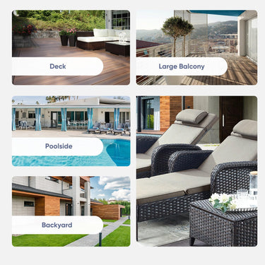Belord outdoor wicker chaise lounge from the NTC series with 5-position adjustable backrest and 500 lb capacity in a patio setting.