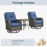 Belord 3-piece outdoor wicker swivel glider set with two chairs and side table, perfect for patio conversation and outdoor relaxation.