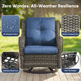 Pair of Belord wicker swivel glider chairs with 5-inch cushions, 360° rotation, suitable for outdoor patio conversation sets.