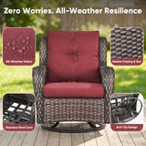 Set of two Belord wicker swivel glider chairs with 5-inch cushions, suitable for patio conversation, 360° rotation, supports 300 lbs.