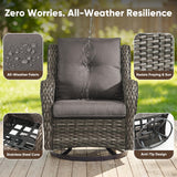 Pair of Belord wicker swivel glider chairs with 5-inch cushions, 360° rotation, suitable for patio conversation sets.