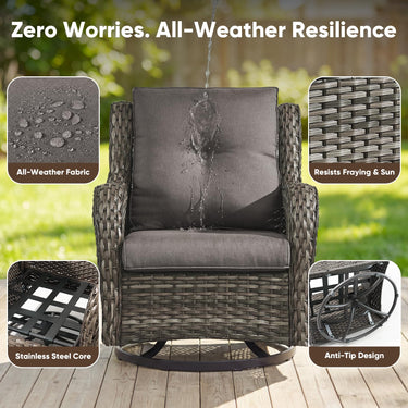 Pair of Belord wicker swivel glider chairs with 5-inch cushions, 360° rotation, suitable for patio conversation sets.