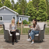 Pair of Belord swivel patio chairs with 360° rotation and 5-inch cushions, part of the NTC Series, shown with plush seating and metal frames.