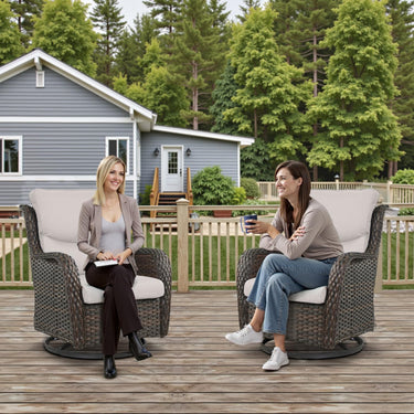 Pair of Belord swivel patio chairs with 360° rotation and 5-inch cushions, part of the NTC Series, shown with plush seating and metal frames.