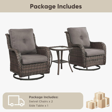 Belord 3-piece outdoor wicker swivel glider set with two chairs and a side table, ideal for patio conversation and relaxing outdoors.