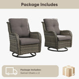 Set of two Belord wicker swivel glider chairs with 5-inch cushions, designed for patio conversation, supports up to 300 lbs.