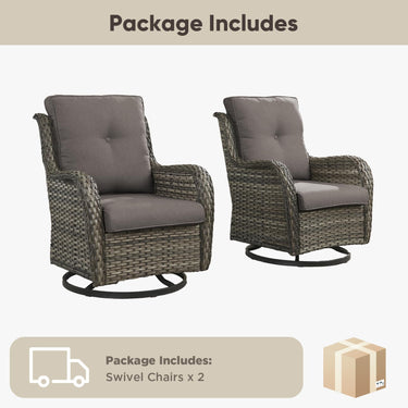 Set of two Belord wicker swivel glider chairs with 5-inch cushions, designed for patio conversation, supports up to 300 lbs.