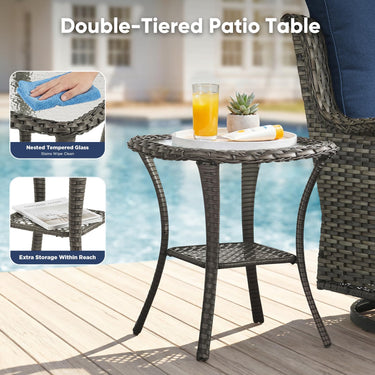 Belord 3-piece outdoor wicker swivel glider patio set with two chairs and side table, perfect for outdoor conversation.