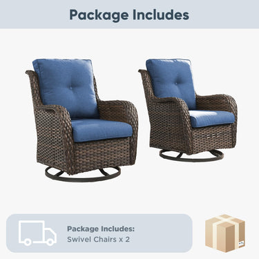 Pair of Belord outdoor wicker swivel glider chairs with thick cushions, all-weather PE wicker, ideal for patio conversations.