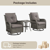 Belord 3-piece outdoor wicker swivel glider patio set with two chairs and side table, perfect for outdoor conversation and relaxation.