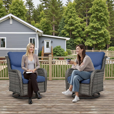 Pair of Belord patio swivel chairs with 360° rotation and 5-inch cushions, part of the NTC Series, shown outdoors.