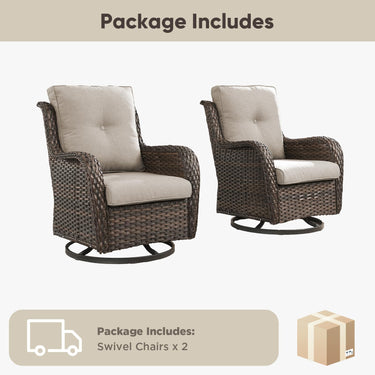 Pair of Belord wicker swivel glider chairs with 5-inch cushions, designed for patio conversation, sturdy up to 300 lbs.