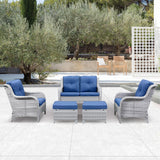 Belord 2-piece patio wicker ottoman set with side table, part of the NTC Series, featuring woven rattan and cushioned tops.