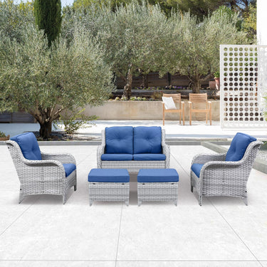 Belord 2-piece patio wicker ottoman set with side table, part of the NTC Series, featuring woven rattan and cushioned tops.