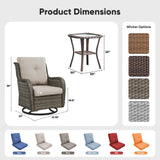Belord 3-piece outdoor wicker swivel glider set with two chairs and side table for patio conversation and relaxation.
