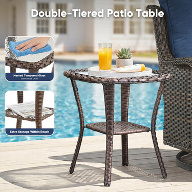 Belord 3-piece outdoor wicker swivel glider patio set with two chairs and a side table, perfect for outdoor conversation.