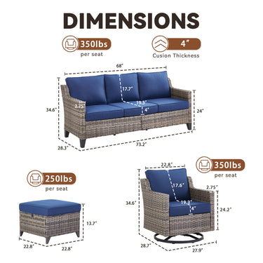 Belord 5-piece outdoor patio furniture set with all-weather wicker, includes swivel chairs and a central table for outdoor lounging.