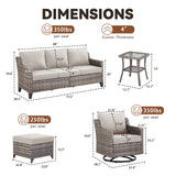 Belord 6-piece patio conversation set with sofa, 2 swivel chairs, 2 ottomans, and glass table for outdoor lounging.