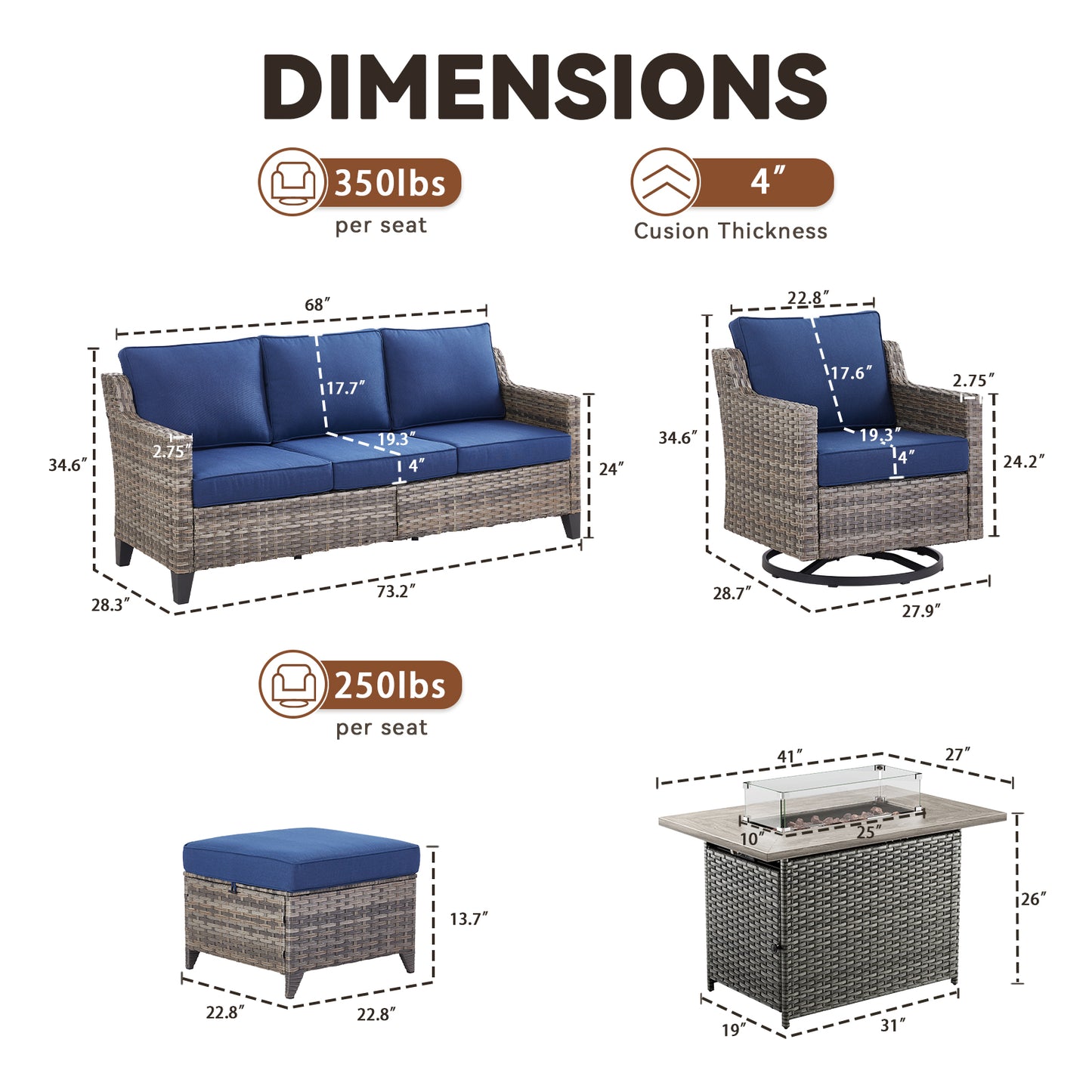 6-Piece Fire Pit Set with Swivel Chairs: Sofa, 2 Swivel Chairs, 2 Ottomans & Long Grey Rattan Fire Pit, FG Series
