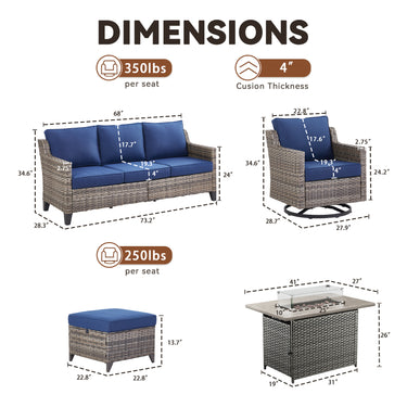 Belord 6-piece fire pit set with sofa, swivel chairs, and ottomans featuring rattan hearth design for patio outdoor seating.