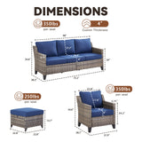 Belord 5-piece outdoor lounge set with high-back wicker couch, two patio chairs, ottomans, and cushioned seating for patio.