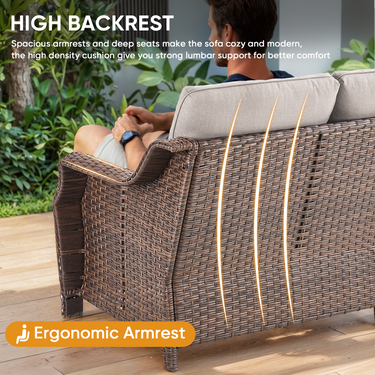 Belord 8-piece wicker swivel glider patio set with sofa and chairs from the OVOLO Series, perfect for outdoor conversation spaces.