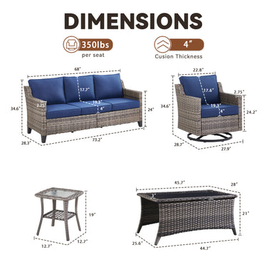 Belord 6-piece outdoor patio furniture set with wicker sofas, swivel chairs, coffee and side tables for outdoor conversation.