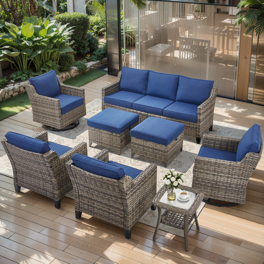 8-Piece Modular Social Set — All-Weather Sectional Sofa with Wicker Swivel Rocker Chairs, FG Series