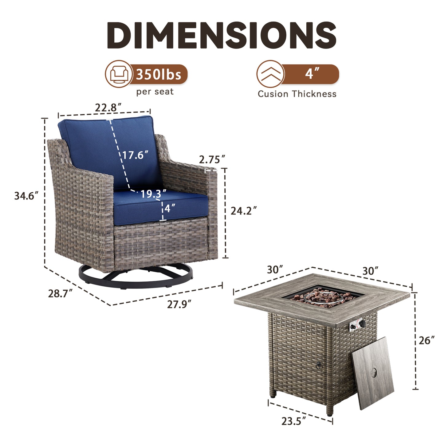 5-Piece Set: 4 Swivel Chairs with Fire Pit Table, FG Series