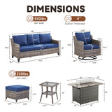 Belord 7-piece patio fire pit set includes sofa, swivel chairs, ottomans, and side table for outdoor lounging.
