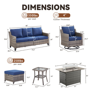 Belord 7-piece patio fire pit set includes sofa, swivel chairs, ottomans, and side table for outdoor lounging.