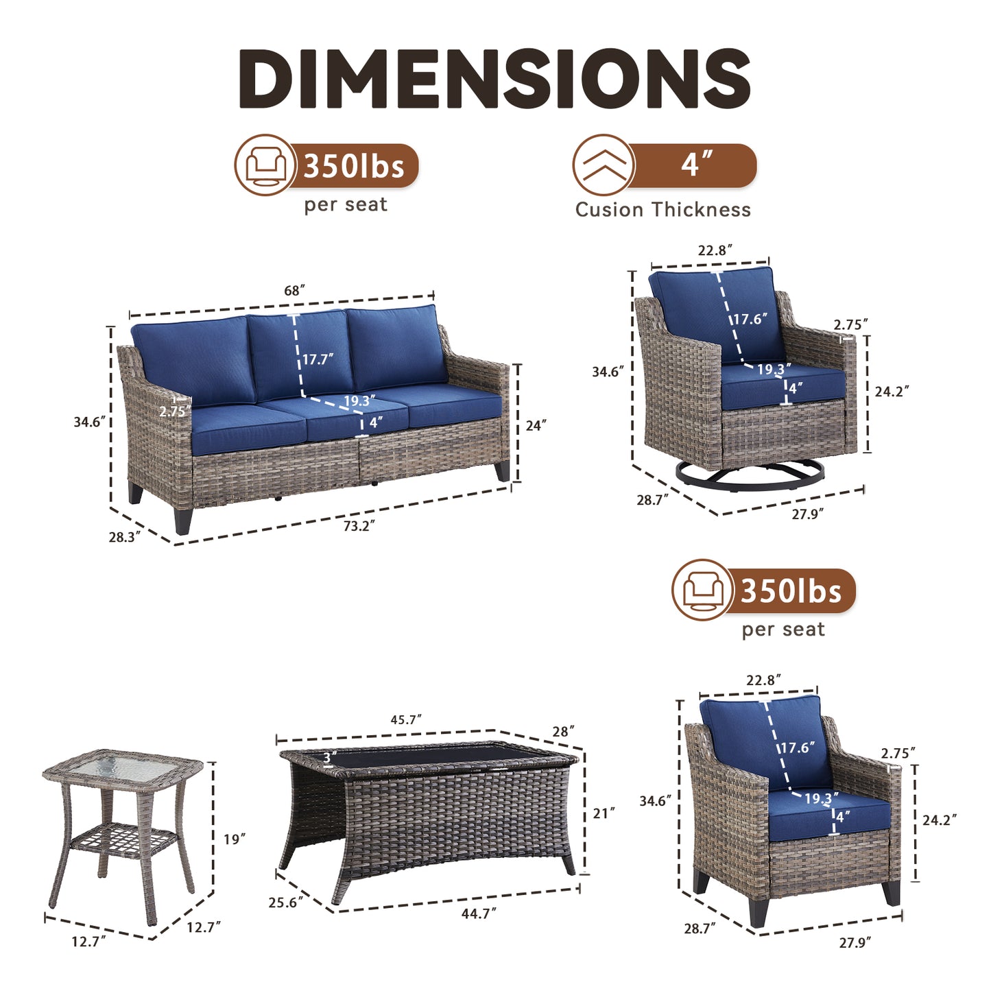 7-Piece Wicker Set: Sofa, 2 Patio Chairs, 2 Swivel Chairs with Coffee Table & Side Table, FG Series