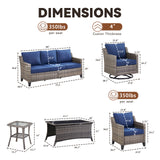 Belord 7-piece patio conversation set with sofa, swivel chairs, coffee table, and side table, perfect for outdoor lounging.