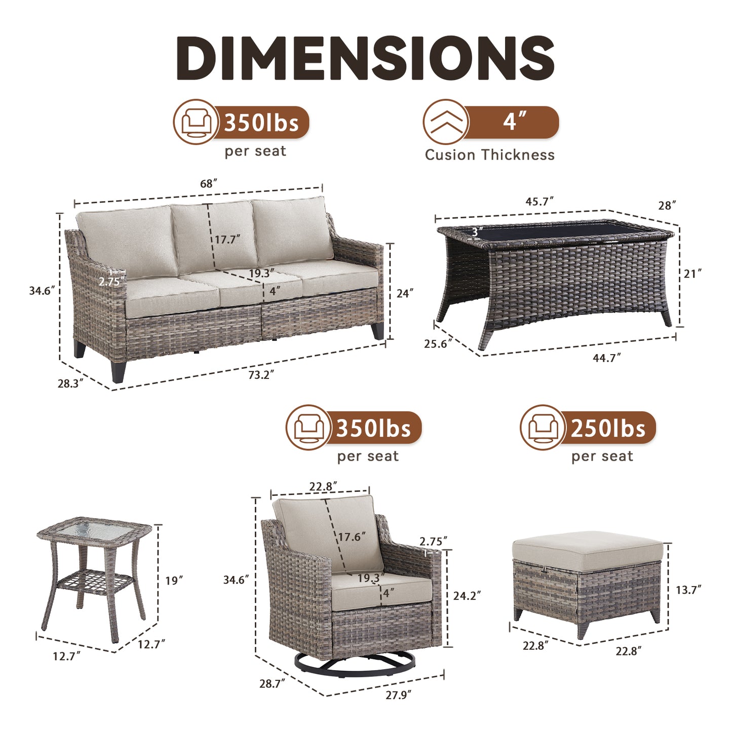 7-Piece Swivel Conversation Group: Sofa, 2 Swivel Chairs, Coffee Table, 2 Ottomans & Side Table, FG Series